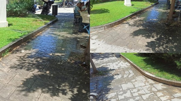 ΧΑΛΚΙΔΑ: Μαζί με το γκαζόν ... ποτίζεται και το πεζοδρόμιο στην οδό Αντωνίου