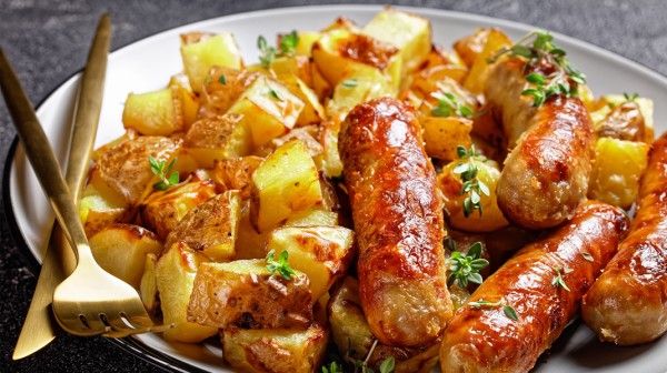 Λουκάνικα με πατάτες και μπίρα